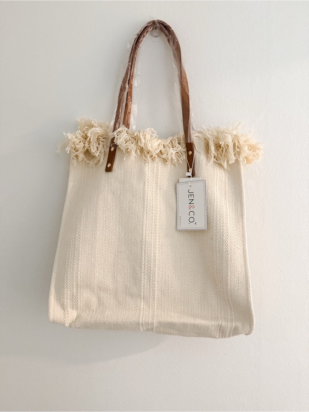 Cream Fringe Tote Bag with Brown Handles + interior Crossbody Bag
